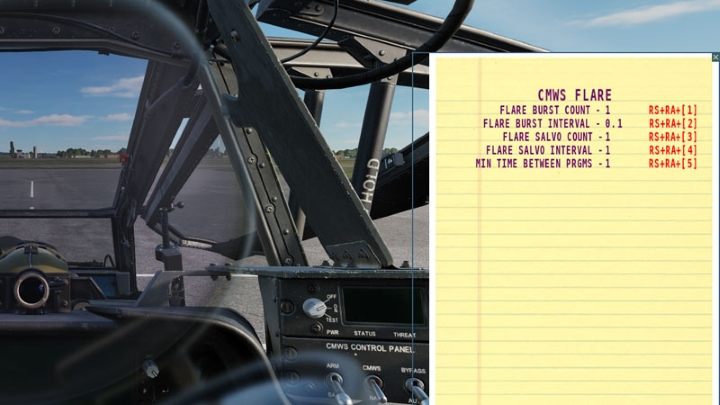 The flare dispenser programs can be set in the mission editor or on the ground with the engines turned off using the kneeboard - DCS AH-64D Apache: ASE - Aircraft Survivability Equipment - Systems and Sensors - DCS AH-64 Apache Guide