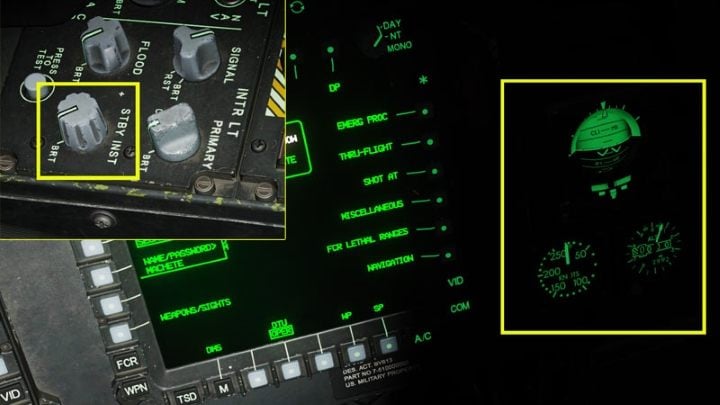 The STBY INST knob adjusts the backlight of the analog backup instruments - DCS AH-64D Apache: PNVS - Pilot Night Vision System - how to use night vision? - Systems and Sensors - DCS AH-64 Apache Guide
