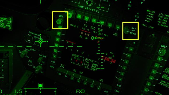 You can adjust the brightness of the monitors to night conditions with the BRT knob and switch them to NT (Night) or MONO (only green tones image) - DCS AH-64D Apache: PNVS - Pilot Night Vision System - how to use night vision? - Systems and Sensors - DCS AH-64 Apache Guide
