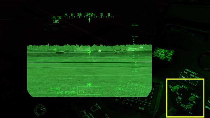 Adjust the FLIR camera image to the current conditions with the knobs next to the left monitor - DCS AH-64D Apache: PNVS - Pilot Night Vision System - how to use night vision? - Systems and Sensors - DCS AH-64 Apache Guide