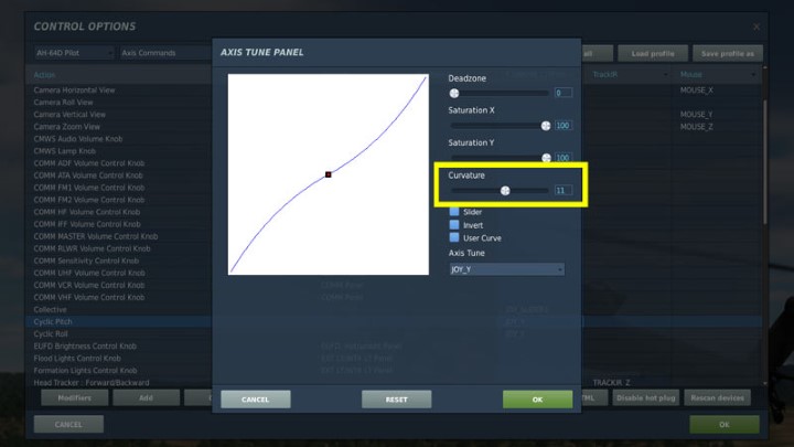 For the Cyclic Pitch, Cyclic Roll and Rudder Pedals axis positions, it is worth changing the sensitivity of the Curvature axis to 8-15 - this increases the precision with small tilts - DCS AH-64D Apache: How to fly helicopter? - Basics - DCS AH-64 Apache Guide