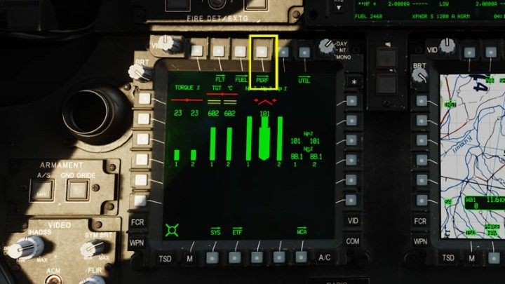 Press the PERF (Performance) button while in the default engine management screen - DCS AH-64D Apache: How to fly helicopter? - Basics - DCS AH-64 Apache Guide