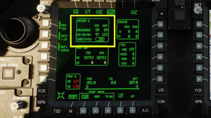 The box has important data: IGE - 59% OGE - 59% Collective has to be raised up to this Torque value, so that the helicopter can start to rise - DCS AH-64D Apache: How to fly helicopter? - Basics - DCS AH-64 Apache Guide