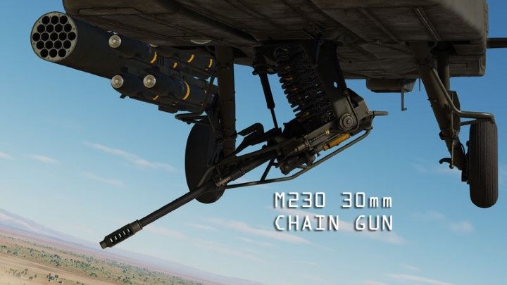 The M230 30mm chain gun is integrated into the helicopter's structure - DCS AH-64D Apache: Introduction - Basics - DCS AH-64 Apache Guide
