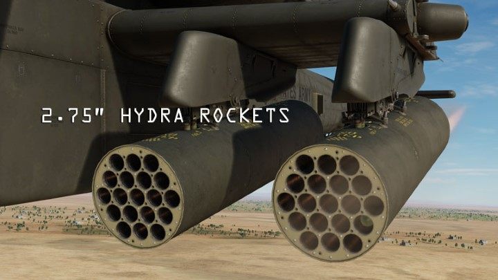 Four M261 containers can hold 19 Hydra 70 unguided rockets each with a HE (High Explosive), smoke or light charge - DCS AH-64D Apache: Introduction - Basics - DCS AH-64 Apache Guide