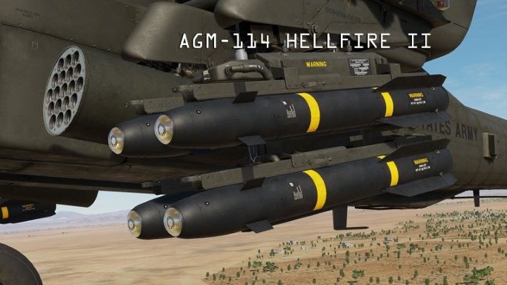 The main weapons of the AH-64D Apache are the AGM-114 Hellfire II air-to-ground missiles with a range of up to 8 kilometers (around 5 miles) - DCS AH-64D Apache: Introduction - Basics - DCS AH-64 Apache Guide