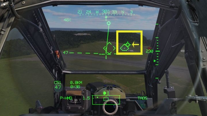In the Transition mode of the IHADSS display, the flight path vector is very helpful - DCS AH-64D Apache: Landing - Flight and Navigation - DCS AH-64 Apache Guide