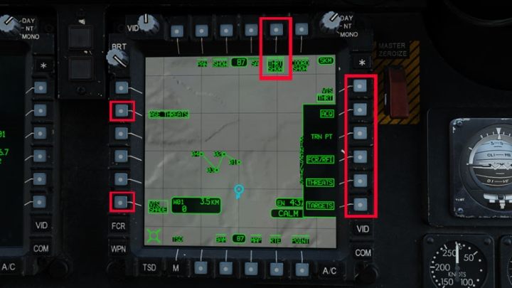 The THRT SHOW (Threat Show) button shows range rings around threat icons - DCS AH-64D Apache: TSD - Tactical Situation Display - Systems and Sensors - DCS AH-64 Apache Guide