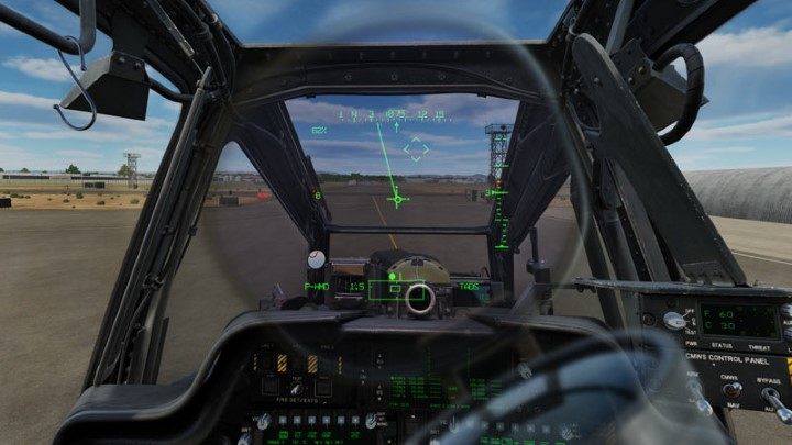 At take-off starting point, either pull the cyclic towards you while slowing down and reduce the collective to land the helicopter on the ground, or proceed to normal VMC take-off by increasing the collective and continuing to flight forward - DCS AH-64D Apache: Taxi and Take Off - Flight and Navigation - DCS AH-64 Apache Guide