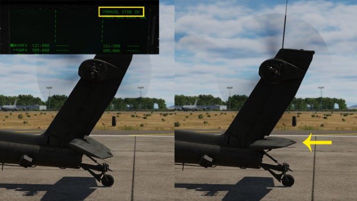 Press and hold the Stabilator NU (Nose Up) button until the tail stabilizer is in a horizontal position - DCS AH-64D Apache: Taxi and Take Off - Flight and Navigation - DCS AH-64 Apache Guide