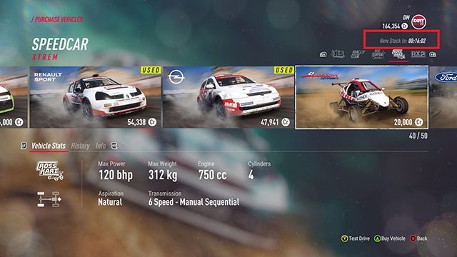 The counter in the upper right corner of the screen informs you when the offer is going to be refreshed. The cars marked with yellow are used - they are cheaper, but in most cases damaged. - Best cars for the beginning in DiRT Rally 2.0 - Basics - DiRT Rally 2.0 Guide