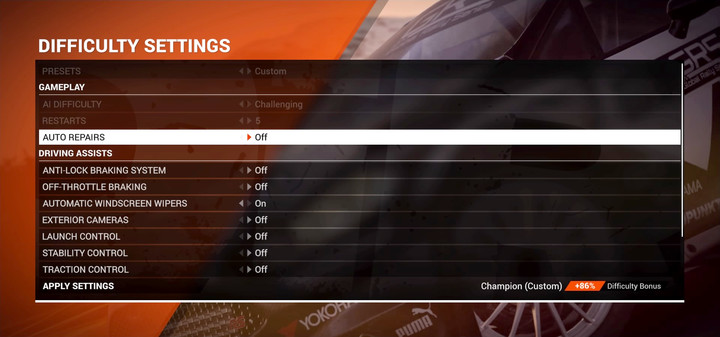 You cannot change the difficulty level of opponent, nor the number of repetitions during the competition. - Difficulty level adjustment | Tips - Tips - DiRT 4 Game Guide