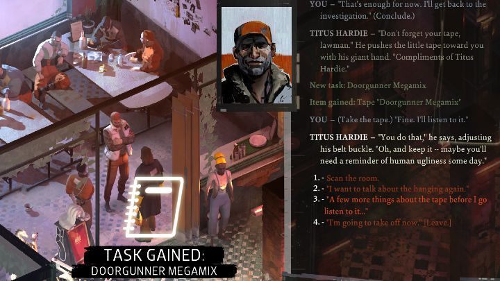 You will receive the task from Titus after completing the Speak to the Assault Victim mission - Disco Elysium: Doorgunner Megamix - walkthrough - Motive - Disco Elysium Guide