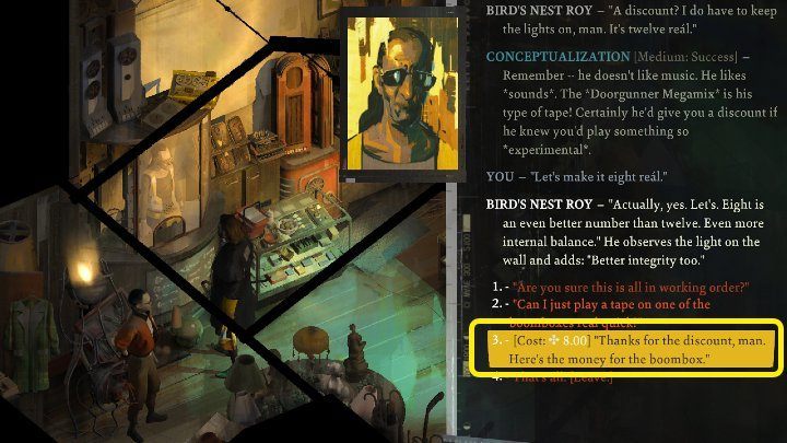 Make your way to the Pawnshop and click on the player that lies on the shelf above the cash register - Disco Elysium: Doorgunner Megamix - walkthrough - Motive - Disco Elysium Guide