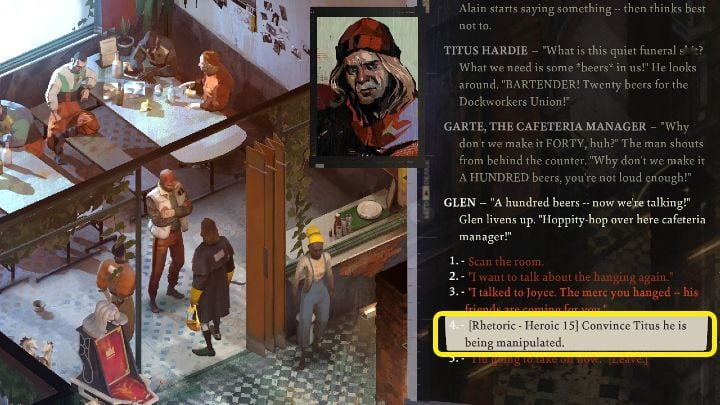 Titus will tell you the whole truth of the mercenary's death only after passing a heroic Rhetoric skill check - Disco Elysium: Get the whole story from Titus - walkthrough - Motive - Disco Elysium Guide