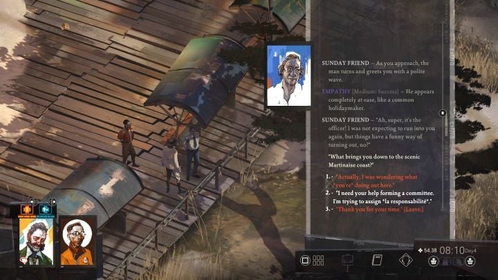 You'll learn that you need to look for Sunday Friend on the coast - Disco Elysium: Take on La Responsabilite - walkthrough - Political tasks - Disco Elysium Guide