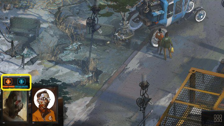 A character's health and morale levels are displayed just above his card in the lower left corner of the screen - Disco Elysium: How to heal injuries? - FAQ - Disco Elysium Guide