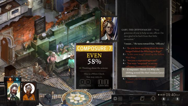 If you passed the check during the conversation, you can choose the heroic Composure skill check - if you want to get a reward, its result must be positive, so it's worth saving your progress in advance and reloading the conversation if necessary - Disco Elysium: Who put the clothes in the trash? - walkthrough - Other - Disco Elysium Guide