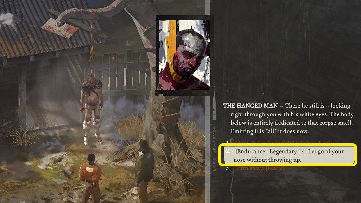 After acquiring ammonia, return to the hanging corpse and try to pass the Endurance skill check - Disco Elysium: Inspect Victims Body - walkthrough - Body identification - Disco Elysium Guide