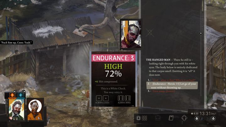 Go back to the hanging corpse and try to pass the Endurance skill check again - Disco Elysium: Inspect Victims Body - walkthrough - Body identification - Disco Elysium Guide