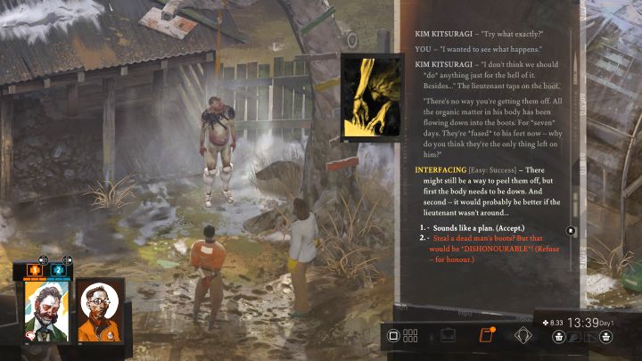 The second option to start the task is to try to pull the shoes off the man and tell Kim that you would be happy to sell them - Disco Elysium: Getting the Hanged Mans boots - walkthrough - Equipment - Disco Elysium Guide