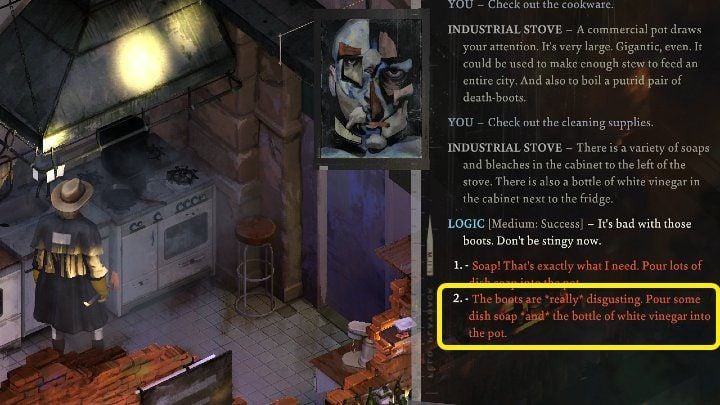 Interact with a large pot on the stove (marked on the screenshot) - Disco Elysium: Getting the Hanged Mans boots - walkthrough - Equipment - Disco Elysium Guide