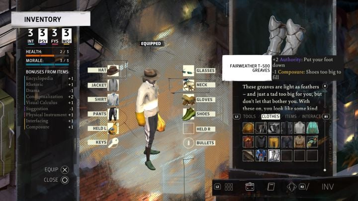 When the cooking process is over, Fairweather T-500 Greaves will be added to your inventory - Disco Elysium: Getting the Hanged Mans boots - walkthrough - Equipment - Disco Elysium Guide