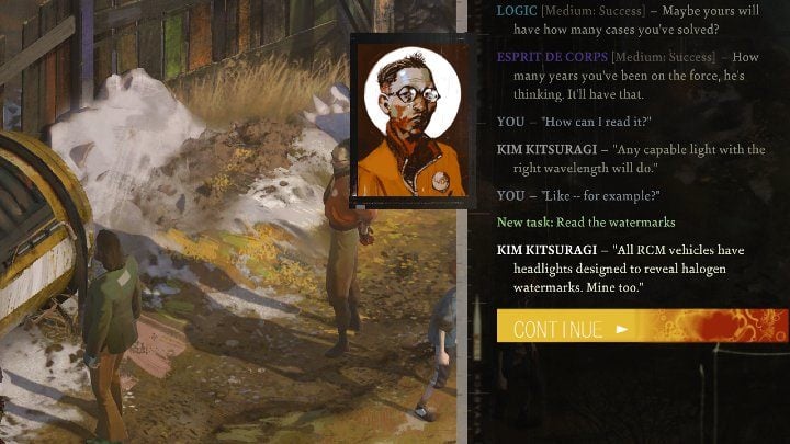 During the conversation with Kim, he will mention that RCM car lights are designed to reveal halogen watermarks - Disco Elysium: Read the watermarks - walkthrough - Identity - Disco Elysium Guide