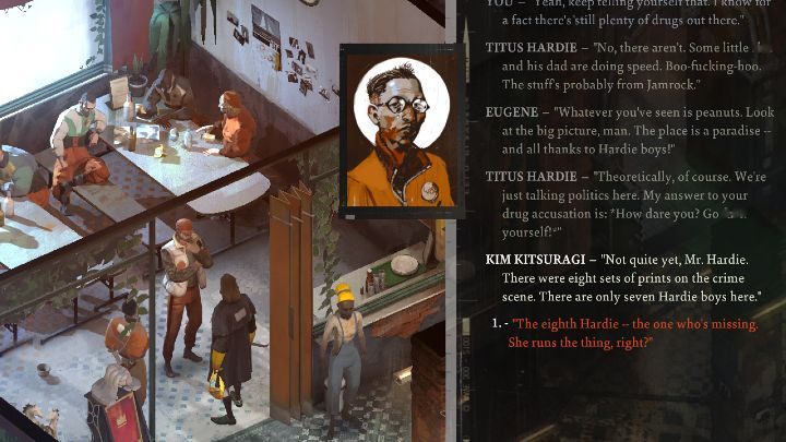 Go to the Whirling-In-Rags hotel and confront Titus - Disco Elysium: Confront Hardie boys about drug trade - walkthrough - Union - Disco Elysium Guide