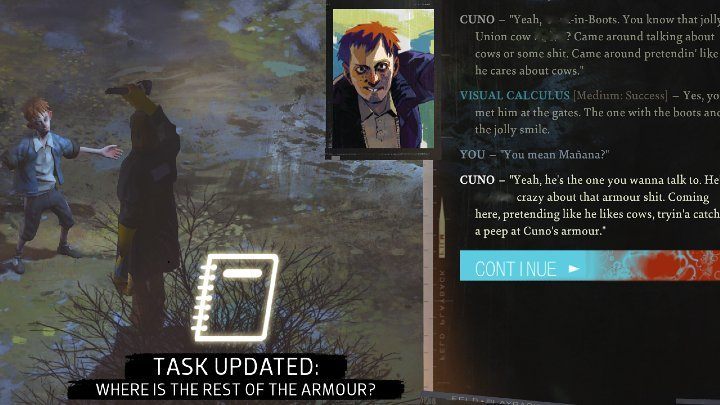 In the first place, you should talk to Cuno - a kid who has been throwing rocks at the hanged man from the very start - Disco Elysium: Where is the rest of the armour - walkthrough - Equipment - Disco Elysium Guide