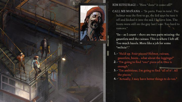 The conversation will reveal that the armor includes four elements: helmet, boots, gloves and cuirass - Disco Elysium: Where is the rest of the armour - walkthrough - Equipment - Disco Elysium Guide