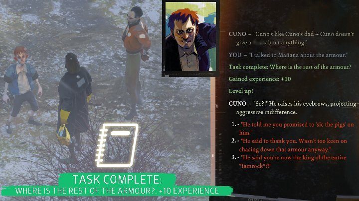 Go back to Cuno and tell him what you learned from Call Me Manana and the quest will be completed - Disco Elysium: Where is the rest of the armour - walkthrough - Equipment - Disco Elysium Guide