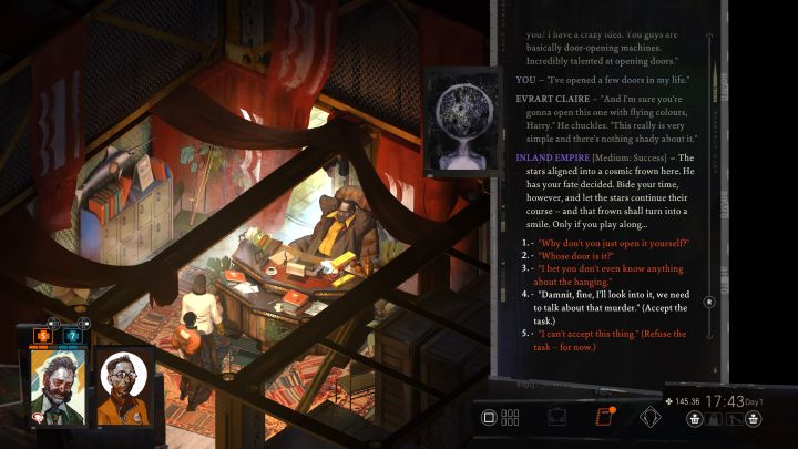 The task in question is given by Evrart - for information as to where to find this important NPC visit a separate Where is Evrart Claire - Disco Elysium: Open apartment door for Evrart - walkthrough - Evrart Tasks - Disco Elysium Guide