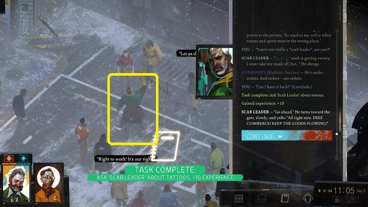 Go to the place where the strike is and talk to the man marked in the picture above - Disco Elysium: Ask Scab Leader about tattoos - walkthrough - Other - Disco Elysium Guide