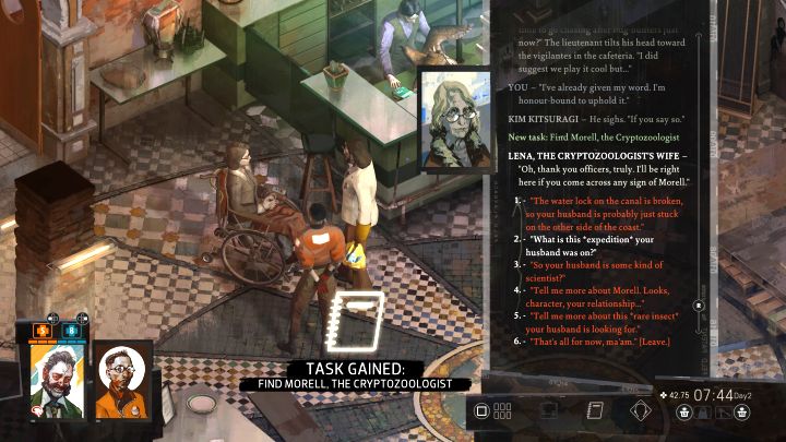 The quest in question can be picked up from Lena at the beginning of day 2 - look for her near the bar on the ground floor of Whirling-in-Rags (on day 1, Lena won't give you the quest) - Disco Elysium: Find Morell, the Cryptozoologist - walkthrough - Cryptozoologists - Disco Elysium Guide