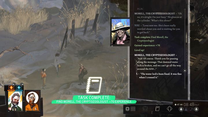 Morell will not want to return to Lena until the trap problem is solved - this is a separate side quest called Inspect the Traps - Disco Elysium: Find Morell, the Cryptozoologist - walkthrough - Cryptozoologists - Disco Elysium Guide