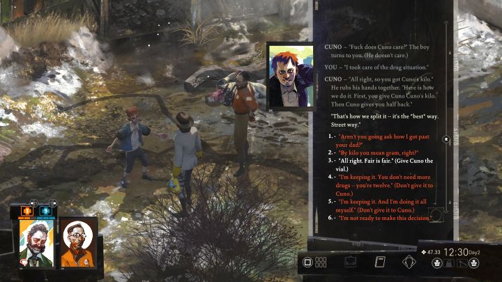 Go back to Cuno and decide what to do with the drugs - Disco Elysium: Split a kilo with Cuno - walkthrough - Other - Disco Elysium Guide