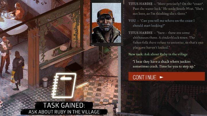 Throughout the conversation, use whatever evidence you can find and be careful not to reveal any of your weaknesses to Titus (not to mention the character's missing weapon) because Titus will immediately use it against you and Harry will lose health or morale - Disco Elysium: Make Titus give up Rubys location - walkthrough - Ruby and the shooter - Disco Elysium Guide