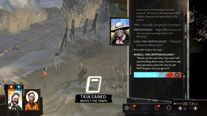 The quest in question is given by Morell - you'll be tasked with finding him during a separate Find Morell, the Cryptozoologist task - Disco Elysium: Inspect the traps - walkthrough - Cryptozoologists - Disco Elysium Guide