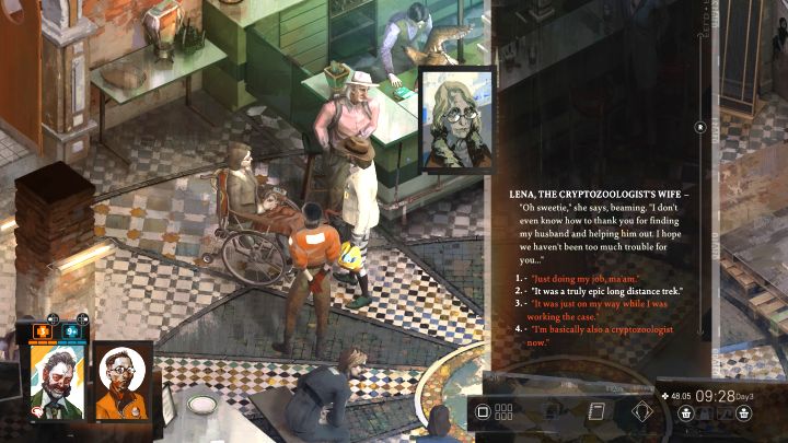 With all traps examined, you can go back to the hotel - in the cafeteria on the ground floor, you should encounter Morell, Gary, and Lena (the woman in a wheelchair who sent you to find Morell) - Disco Elysium: Inspect the traps - walkthrough - Cryptozoologists - Disco Elysium Guide