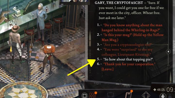 Talk to Lena first and get the reward for that task - Disco Elysium: Get topping pie from Gary - walkthrough - Cryptozoologists - Disco Elysium Guide