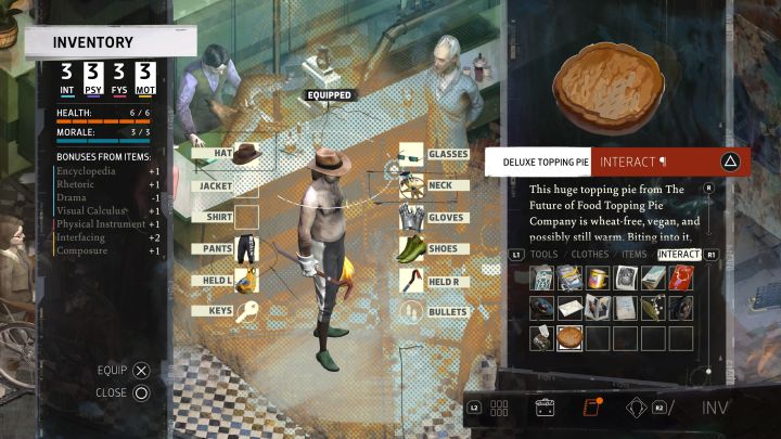 You will receive 15 XP and the pie will appear in your inventory - Disco Elysium: Get topping pie from Gary - walkthrough - Cryptozoologists - Disco Elysium Guide