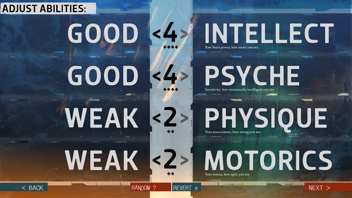 In the next window, you can distribute points between 4 Attributes: Intellect, Psyche, Physique and Motorics - Disco Elysium: Character Creation - Basics - Disco Elysium Guide
