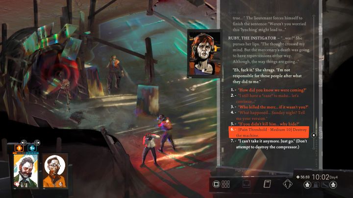 During the encounter, you should ask Ruby as many available questions as possible - Disco Elysium: Look for Ruby on the coast - walkthrough - Ruby and the shooter - Disco Elysium Guide