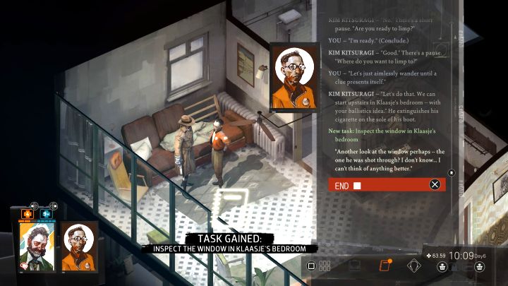 This quest will appear in your journal after the Mercenary tribunal, which is a major showdown happening on the square in front of the hostel (Return to the Whirling-in-Rags task) - Disco Elysium: Inspect the window in Klaasjes bedroom - walkthrough - Ruby and the shooter - Disco Elysium Guide