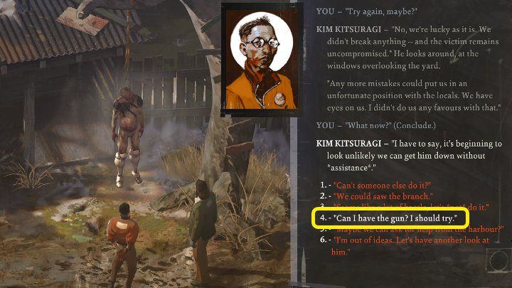 Kim's will fail, so you must take matters into your own hands - select Can I have the gun - Disco Elysium: How to pull down hanged body? - FAQ - Disco Elysium Guide
