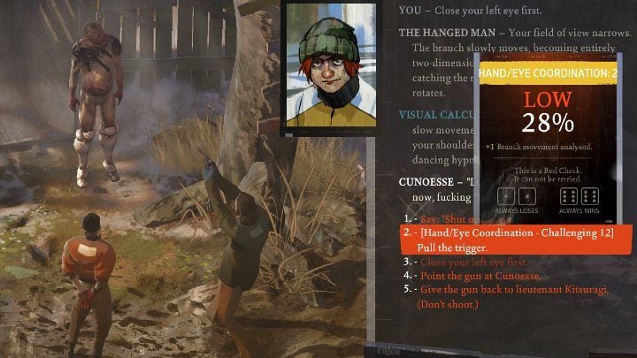 Shooting down the body requires passing the Hand/Eye Coordination skill check, which can be really difficult if Harrier's hand-eye coordination doesn't have enough points - Disco Elysium: How to pull down hanged body? - FAQ - Disco Elysium Guide