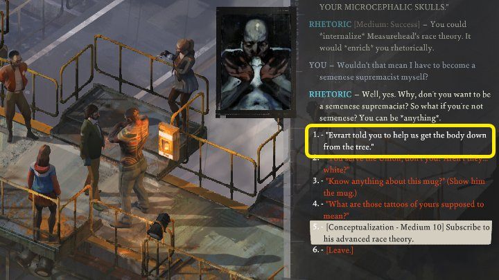 Go to Measurehead and speak with him - Disco Elysium: How to pull down hanged body? - FAQ - Disco Elysium Guide