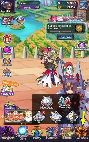 Facilities tab is located in the lower right corner of the screen - Disgaea RPG: Facilities - Basics - Disgaea RPG Guide