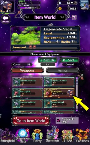 When you enter the Item World, select a weapon from the Weapons tab or armor from the Armor tab and click Go to Item World - Disgaea RPG: Item World - Basics - Disgaea RPG Guide